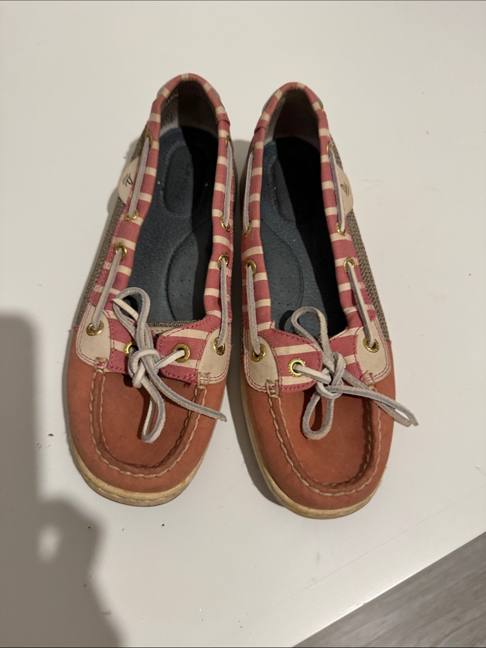 Sperry Pink Stripe and Tan Leather Boat Loafers